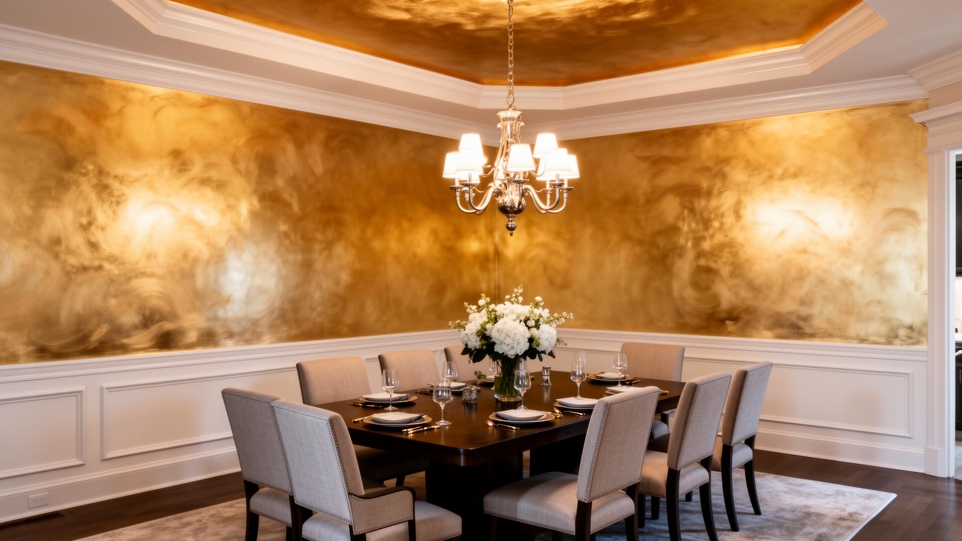 Golden faux finish on dining room walls and tray ceiling with white crown molding