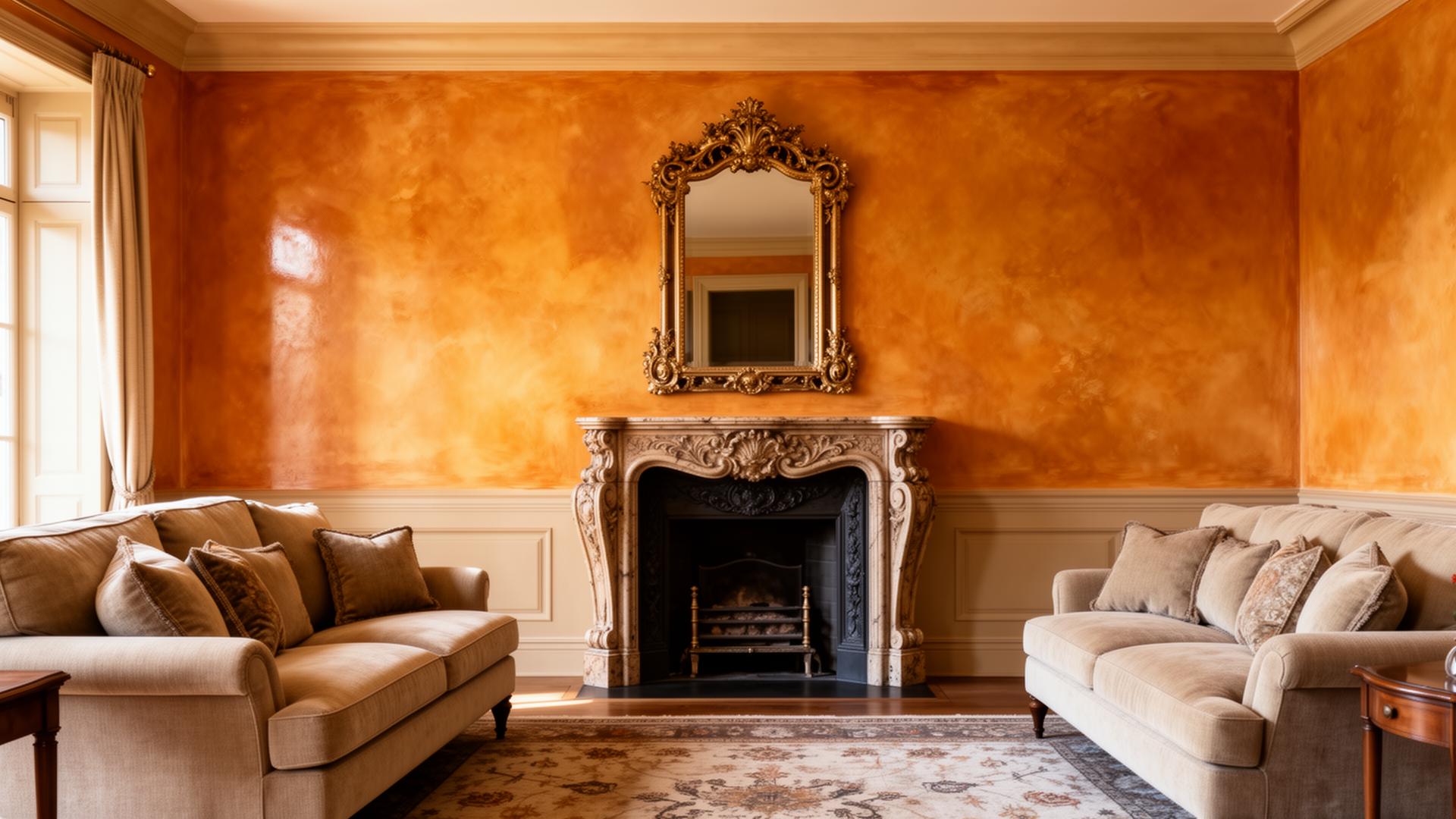 Warm amber faux finish living room with carved mantel and gilded mirror